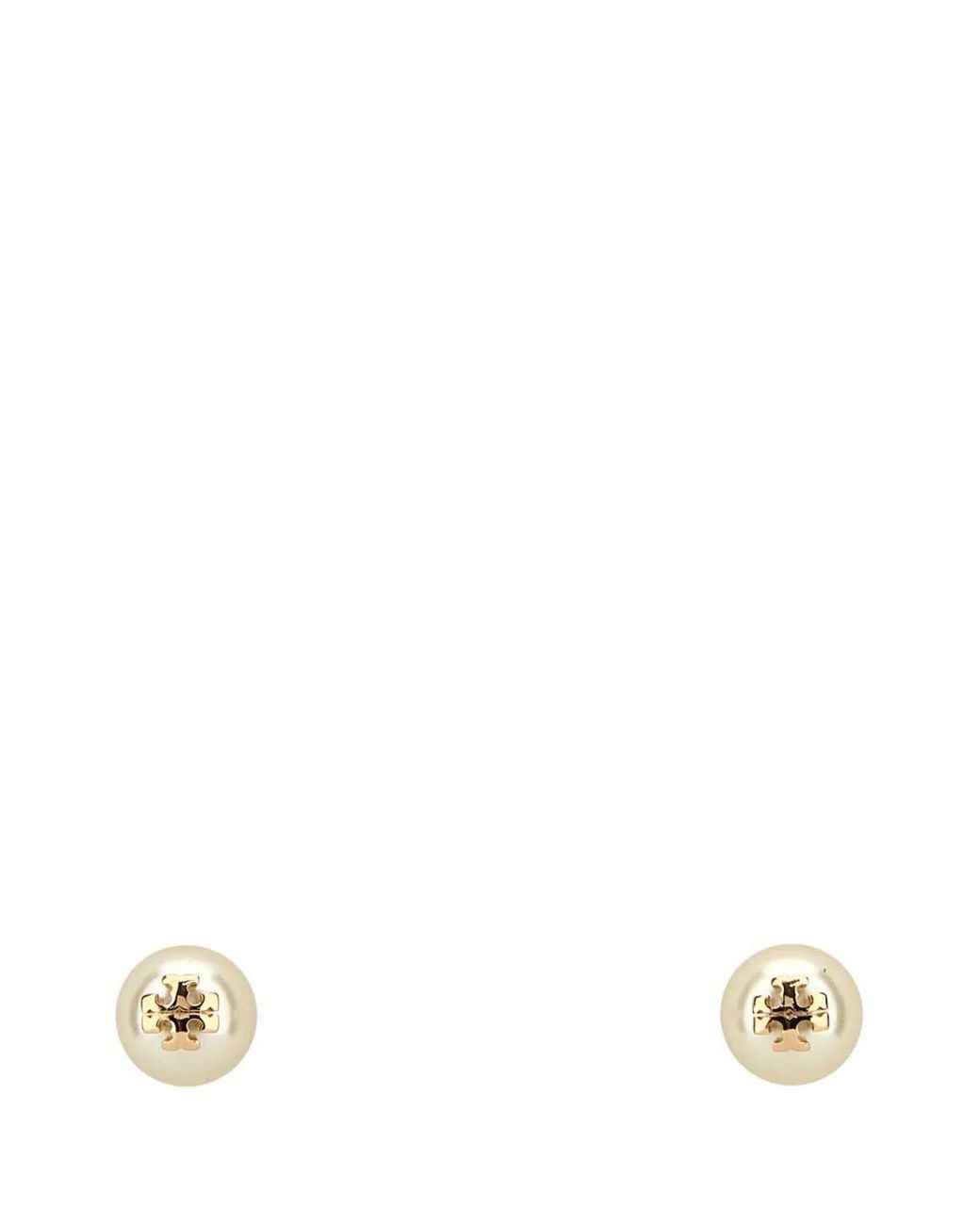 Tory Burch White Tone Logo Pearl Stud Earrings