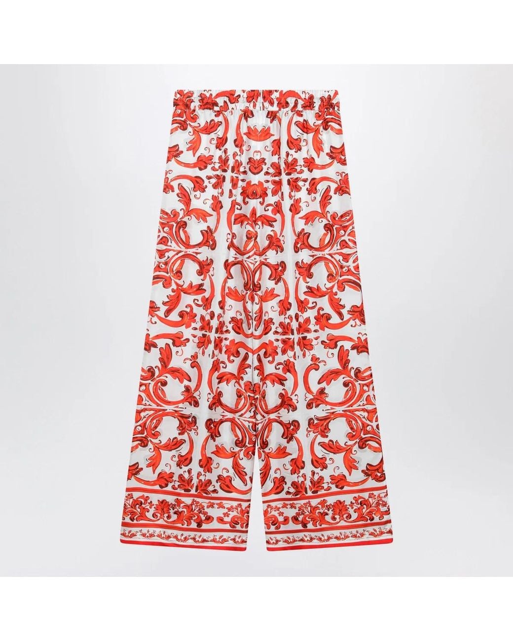 Dolce & Gabbana Red Wide-Leg Majolica-Print Silk Twill Pants