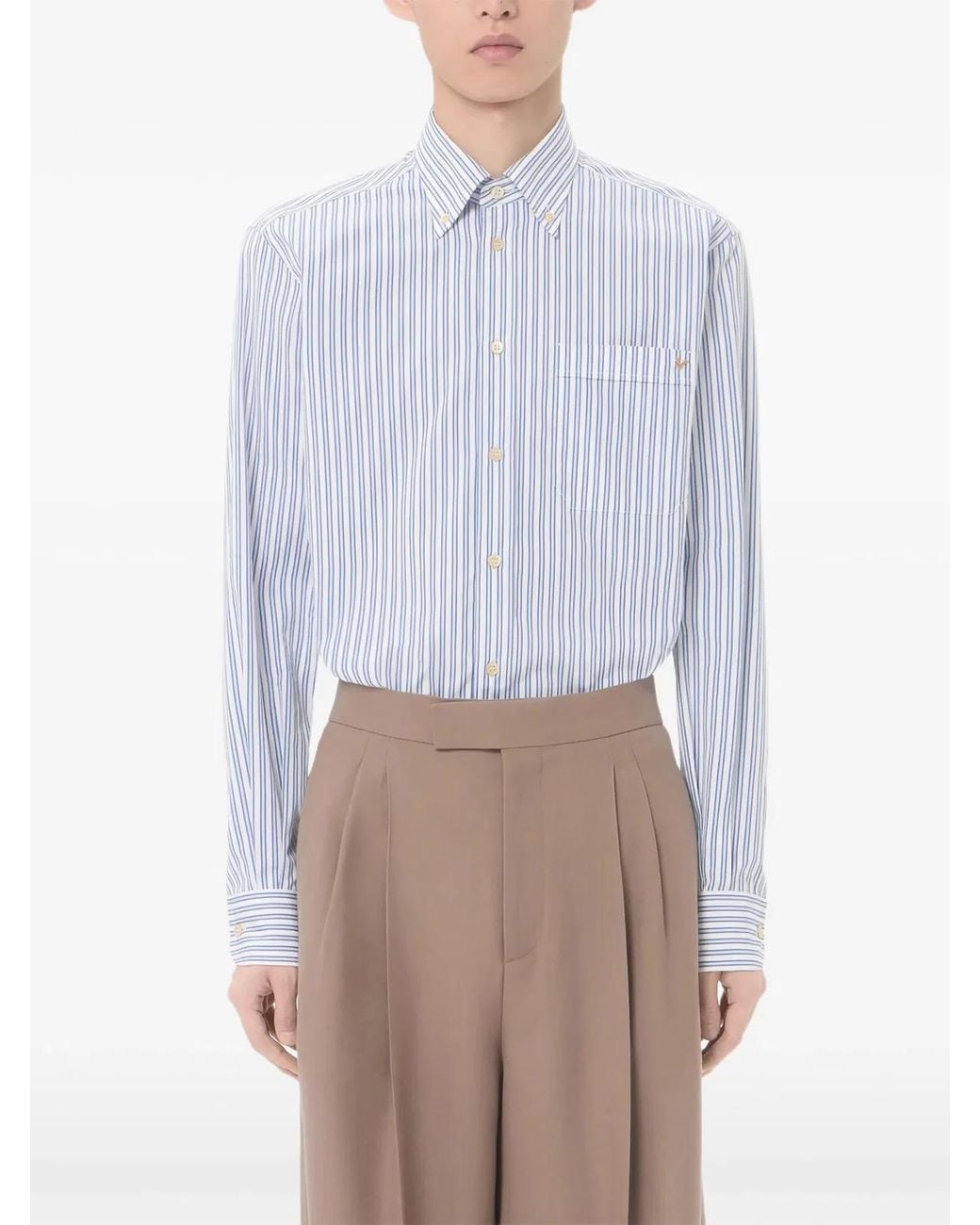Valentino Garavani Blue Cotton Poplin Shirt With Vgold Stripes for men