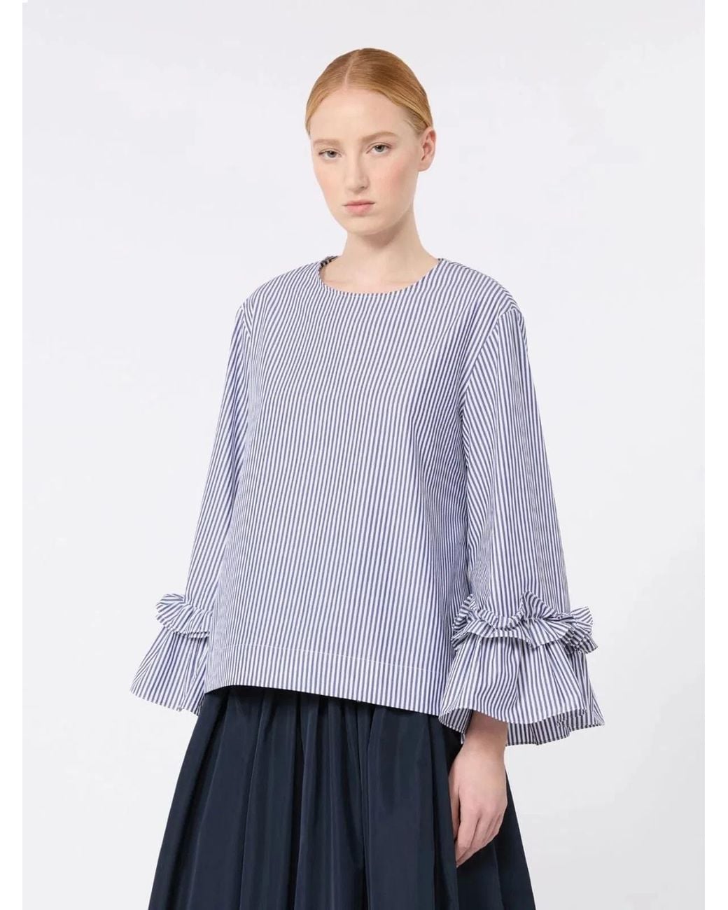Max Mara Blue Poplin Blouse With Ruffles And Flounces