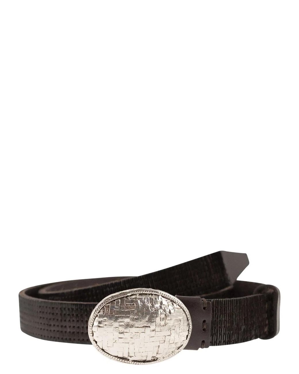 Brunello Cucinelli Brown Embossed Leather Belt With Oval Buckle for men