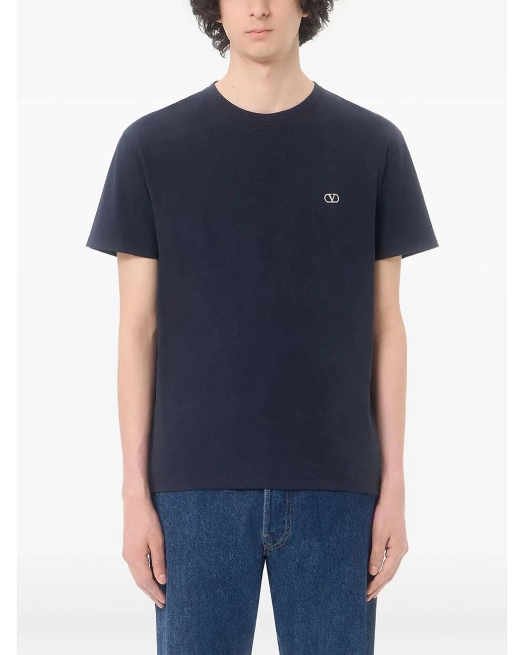 Valentino Garavani Blue Cotton T-Shirt With Vlogo Embroidery for men