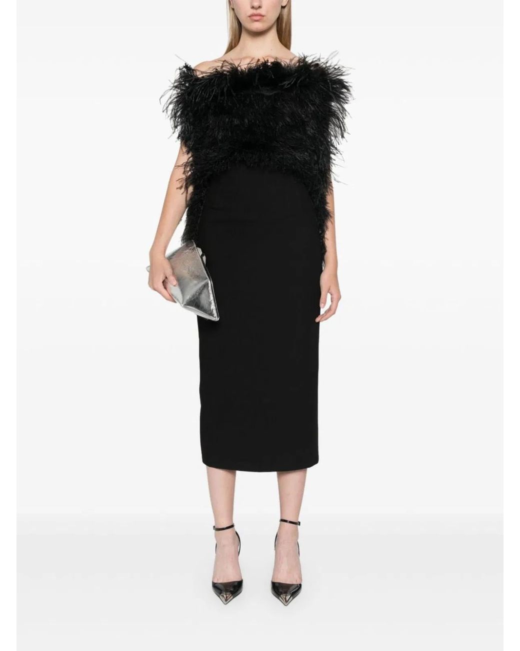 Max Mara Black Interlock Twill Weave Ostrich Feather Dress