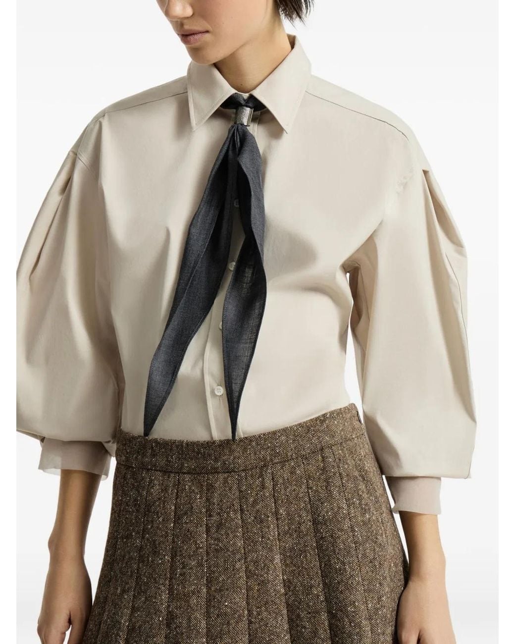 Brunello Cucinelli White Stretch Cotton Poplin Shirt Featuring Shiny Silk Cuffs And Monili Embroidery