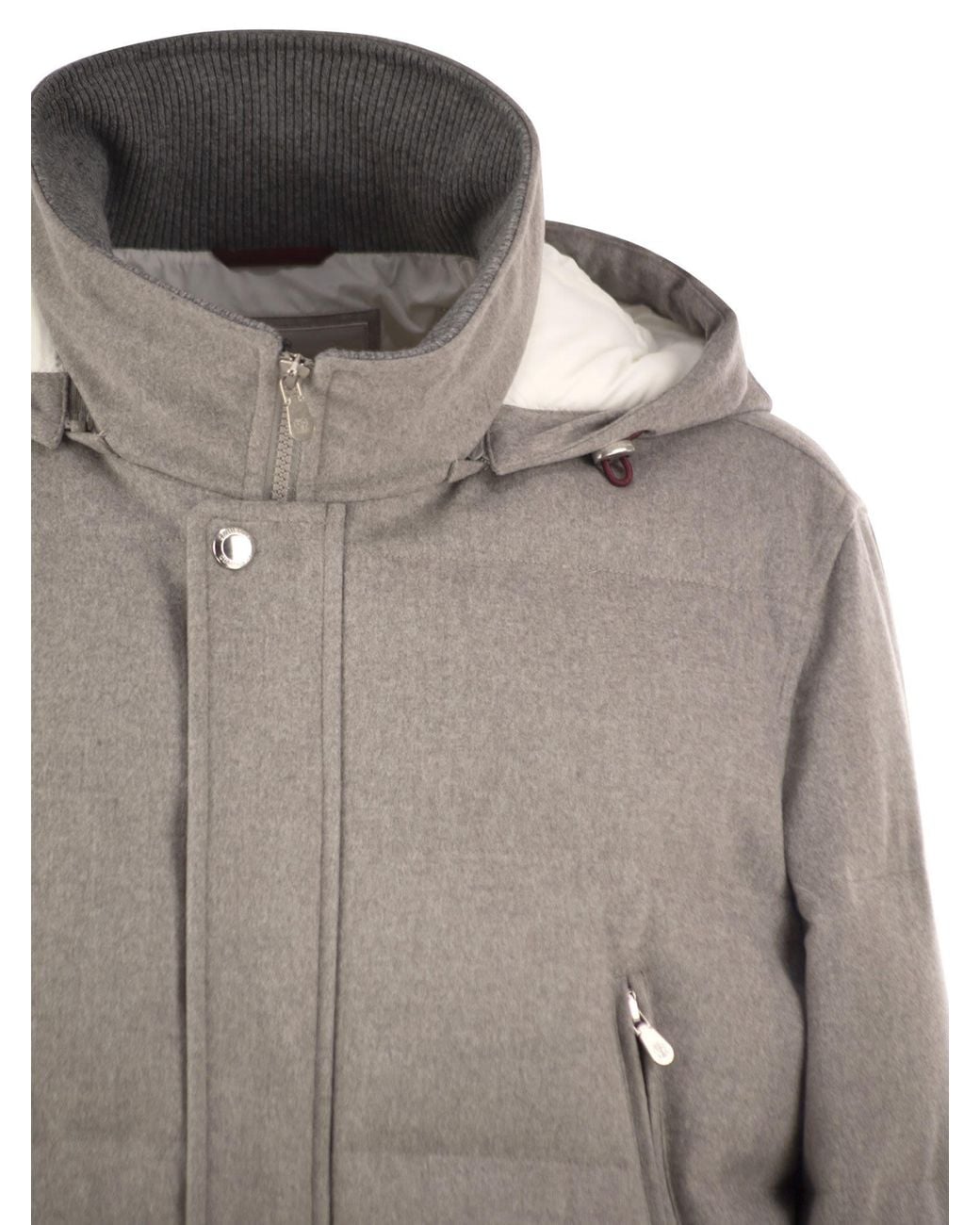 Brunello Cucinelli Gray Wool Down Jacket With Detachable Hood for men