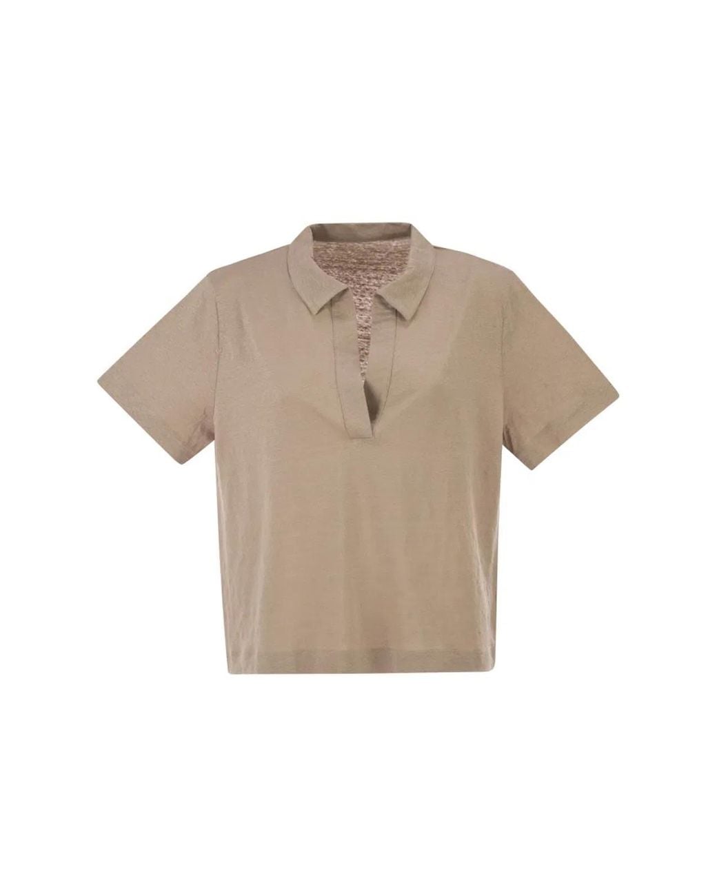 Majestic Natural Cropped Linen Stretch Polo With V-Neck
