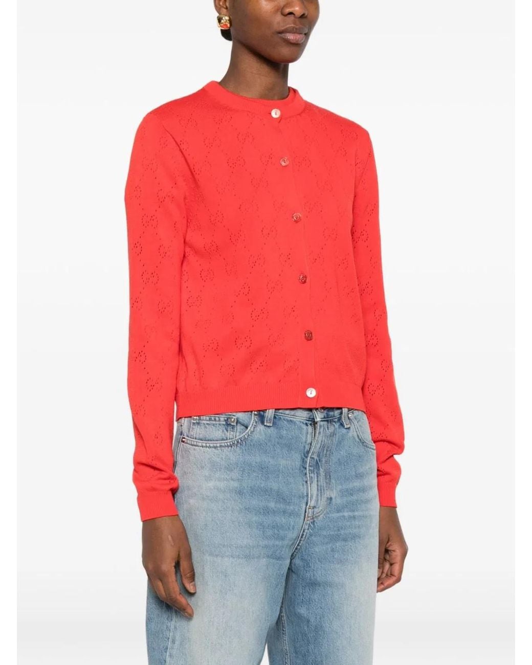 Gucci Red Cotton Monogram Cardigan With Perforations
