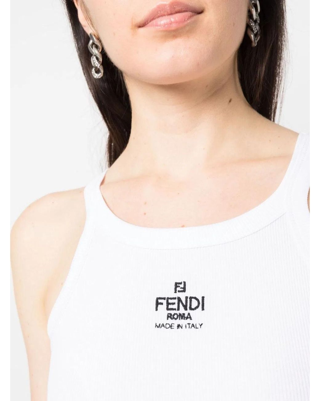 Fendi White Cotton Rib Sleeveless Top