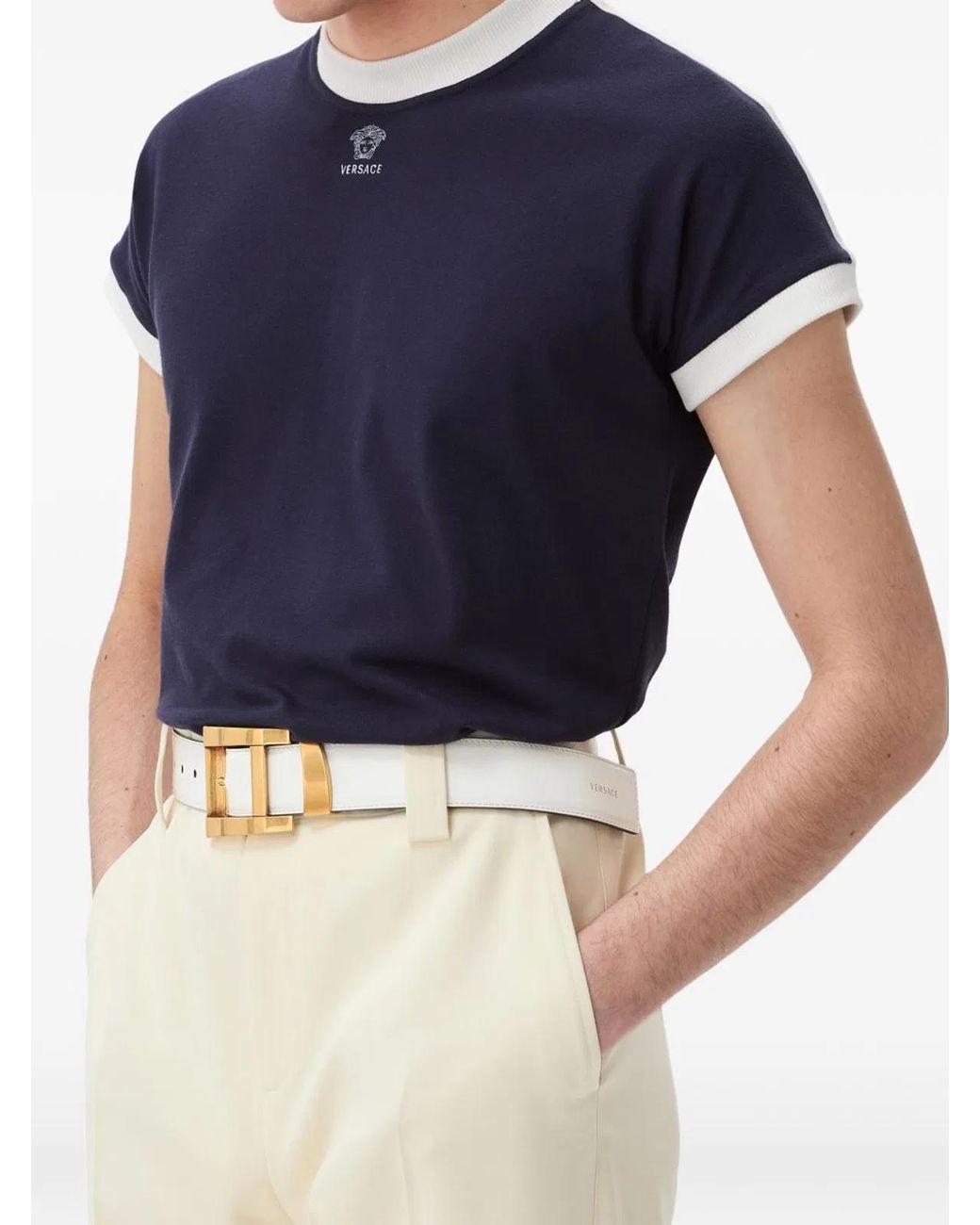 Versace Blue Embroidered-Logo Stretch Cotton-Jersey Slim T-Shirt for men