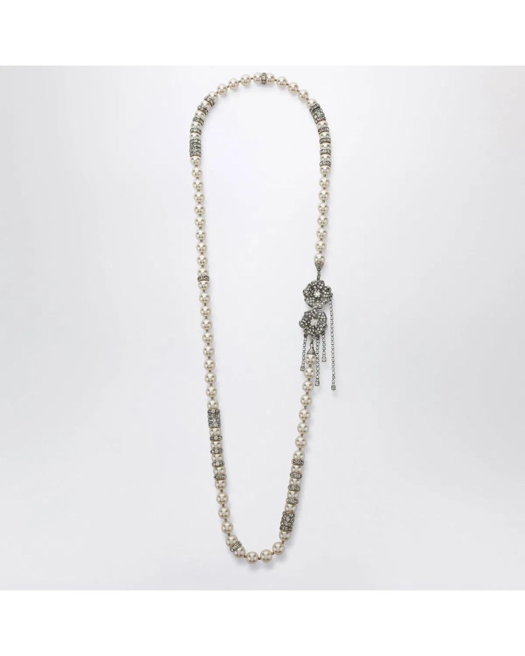 Alessandra Rich White Pearl Necklace With Crystal Flower Clasp