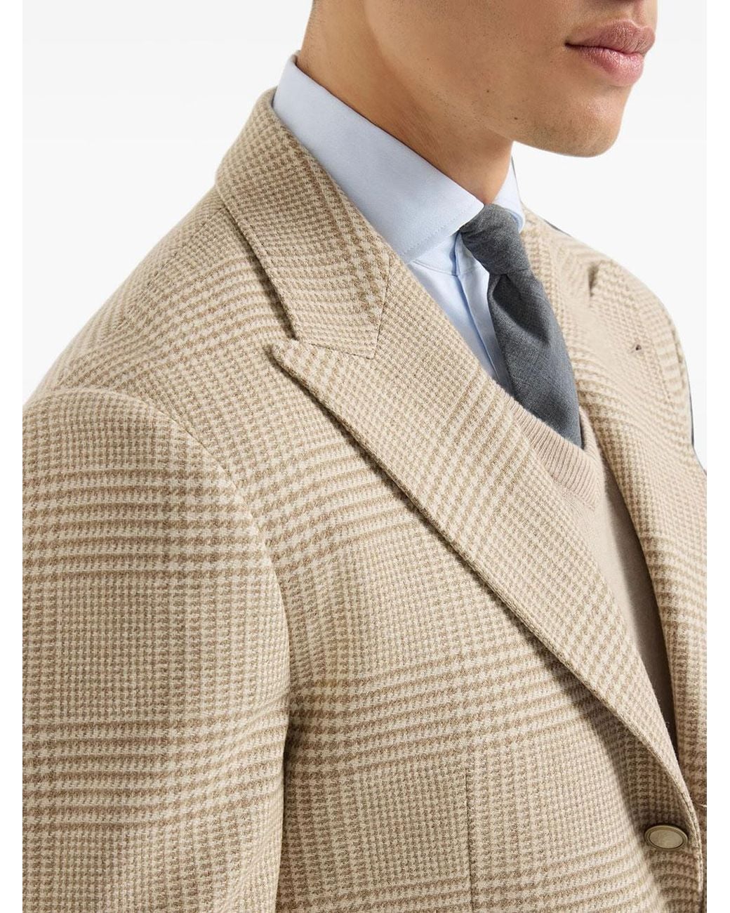 Brunello Cucinelli Natural Single Breasted Checked Blazer for men