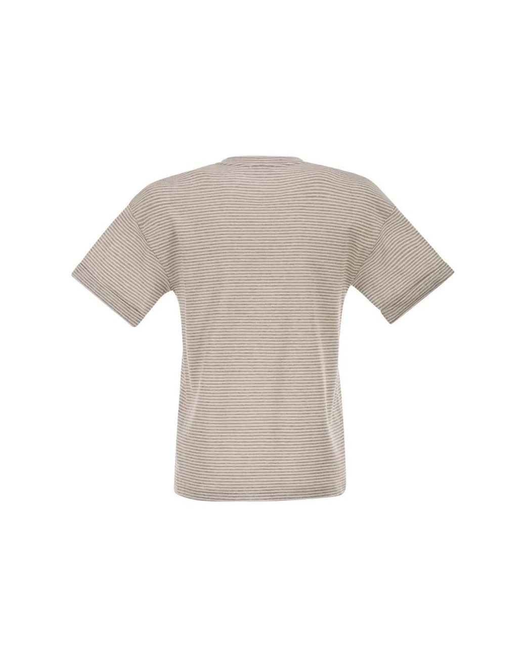Peserico White Striped Linen And Cotton T-Shirt With Luminous Yarns
