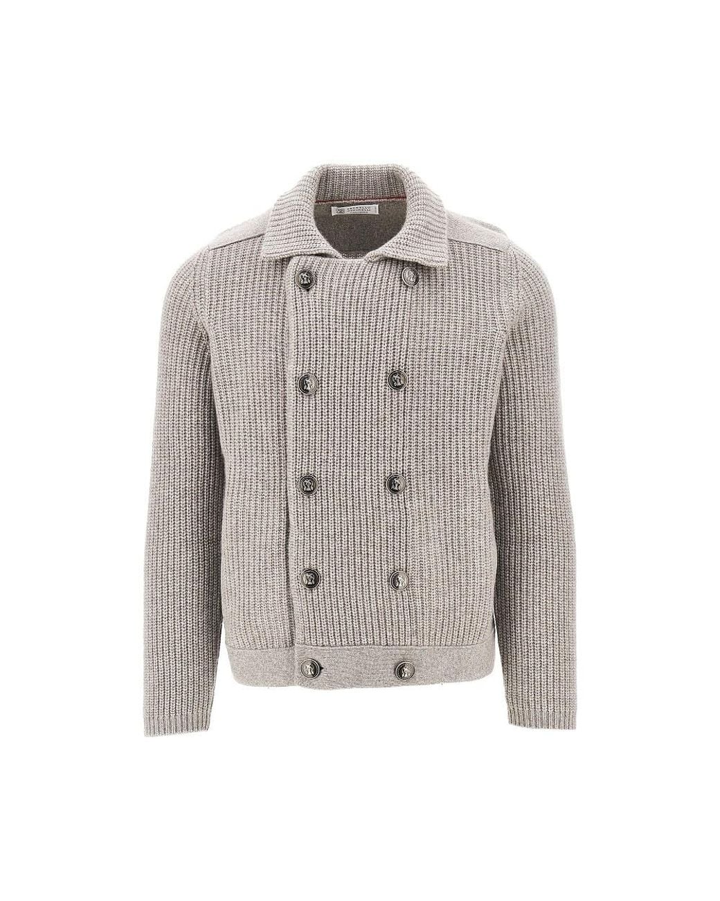 Brunello Cucinelli Gray Cashmere Double-Breasted Cardigan for men