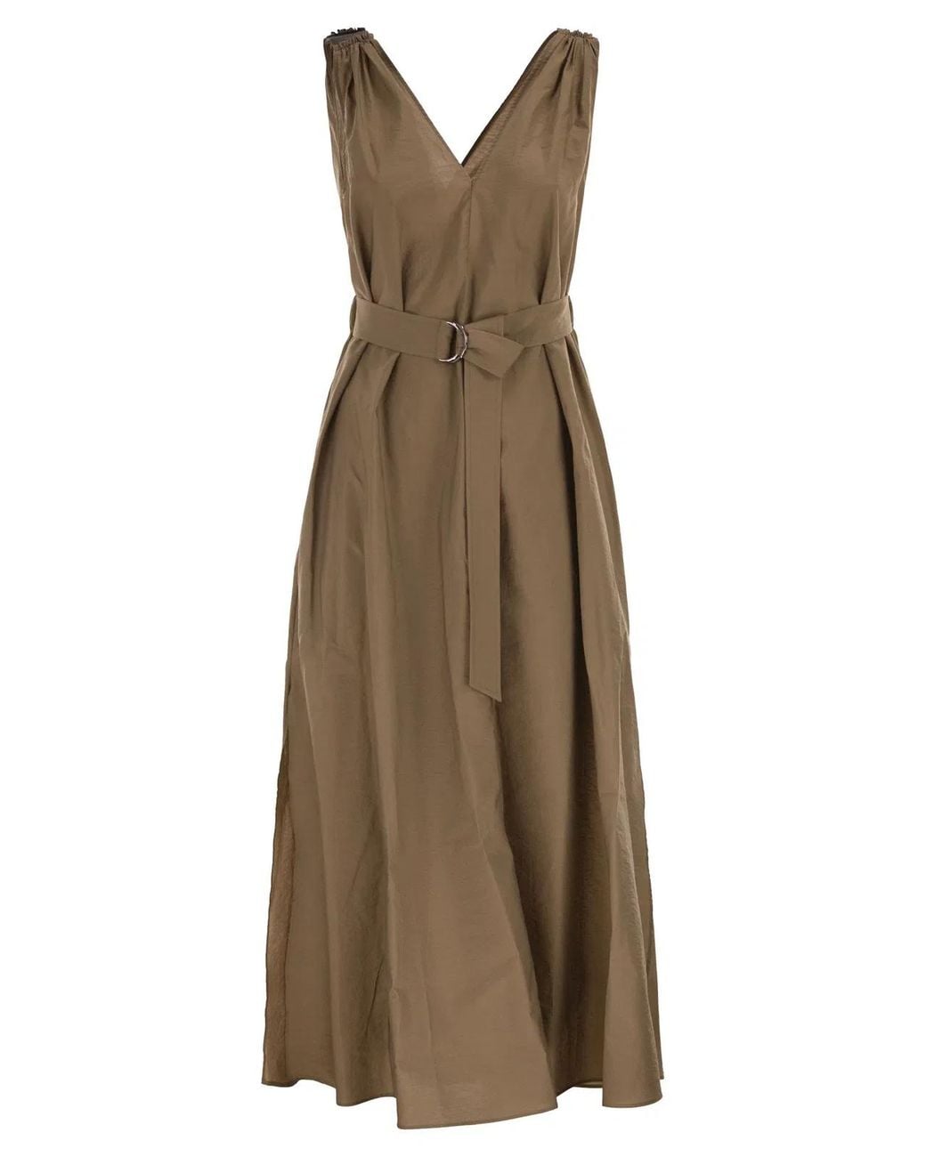 Brunello Cucinelli Natural Techno Cotton Poplin Dress With Belt And Precious Shoulder Detail