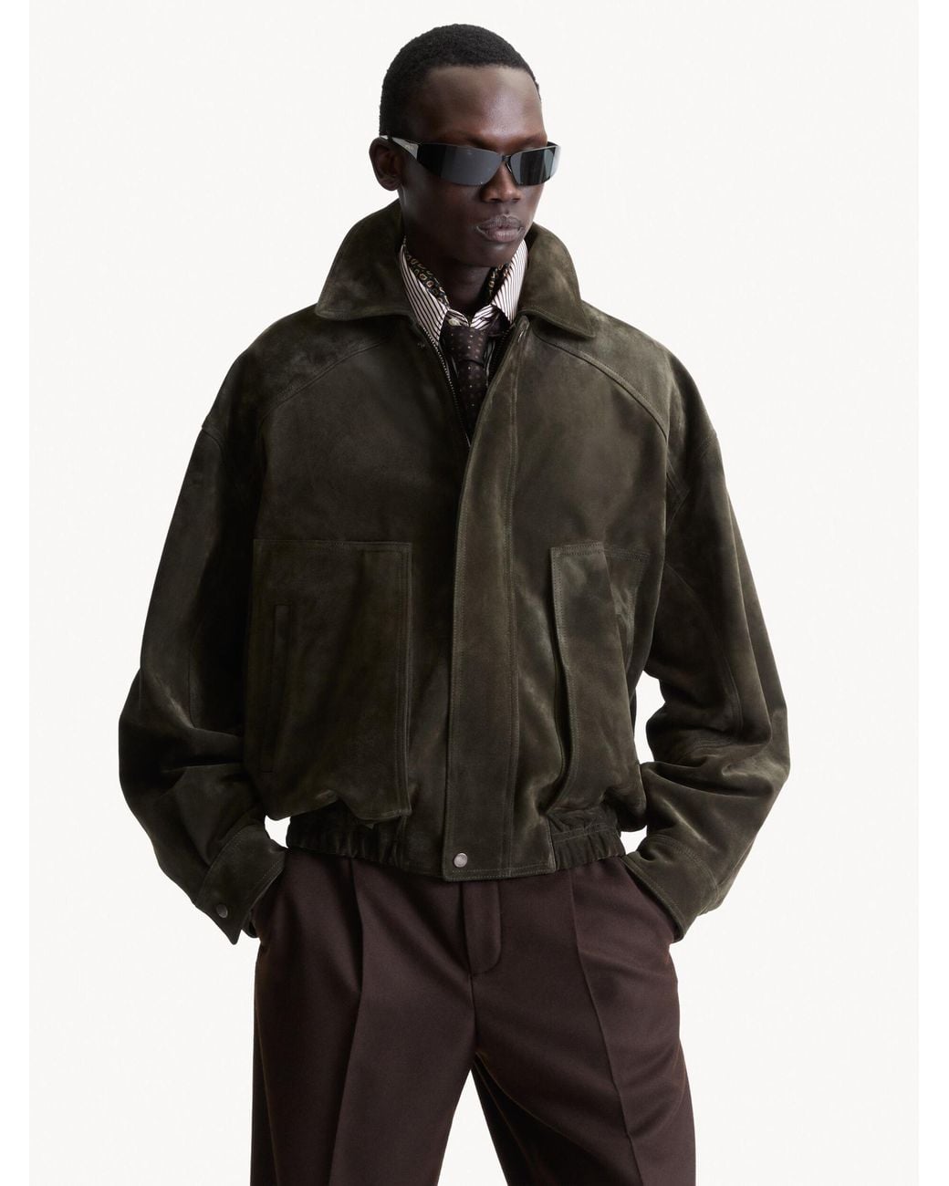 Saint Laurent Green Vintage Split Leather Bomber Jacket for men