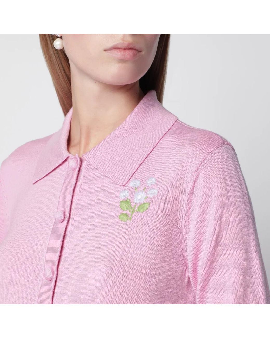 Self-Portrait Pink Wool Knit Cardigan With Floral Embroidery