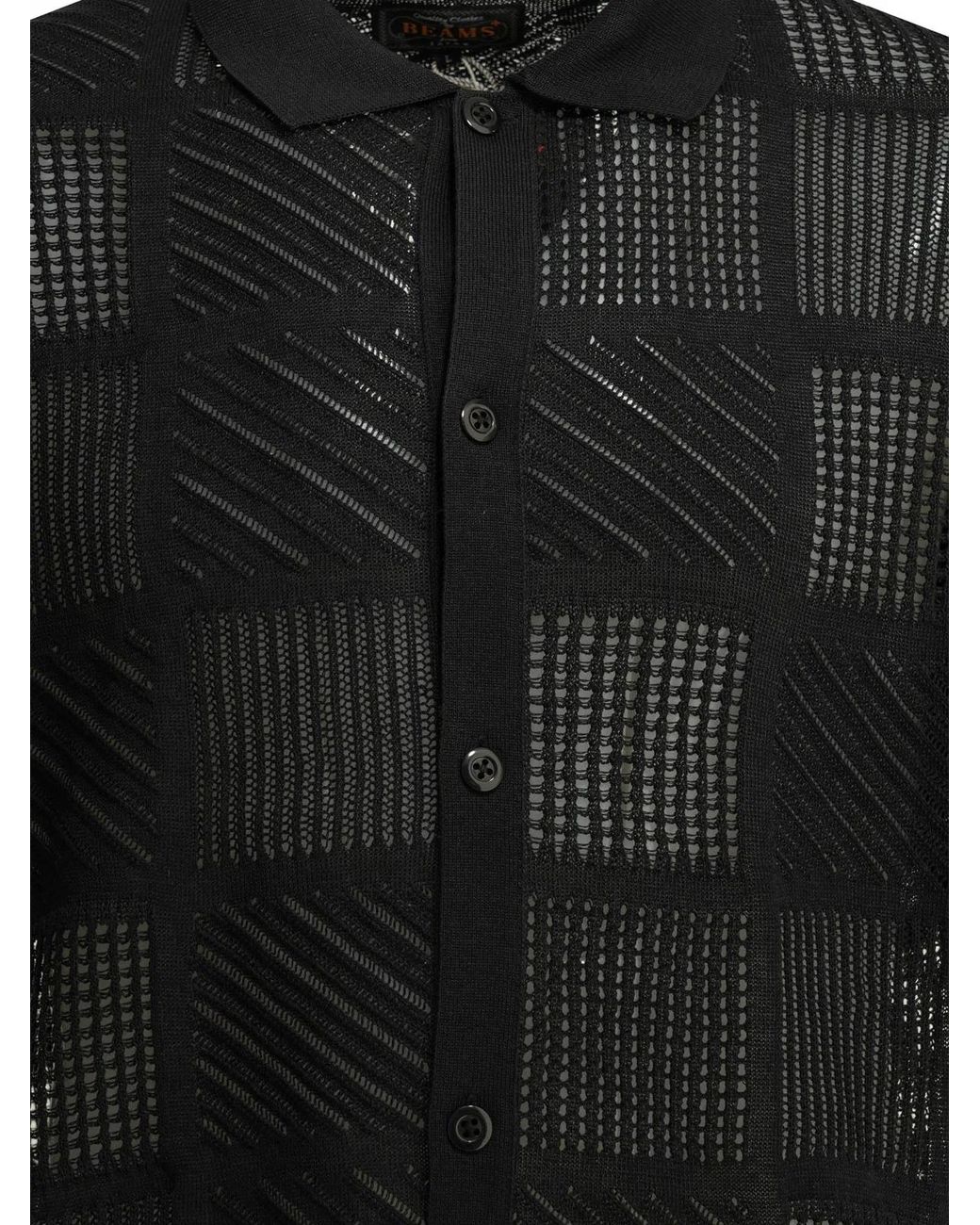 Beams Plus Black Cotton Nylon Spandex Textured Knit Button-Down Polo Shirt for men
