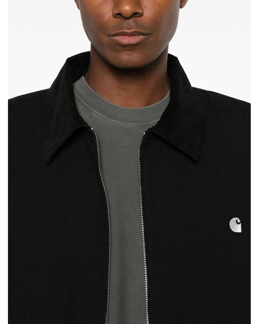 Carhartt Black Madison Logo-Embroidered Corduroy-Collar Zip-Up Ripstop Cotton Jacket for men