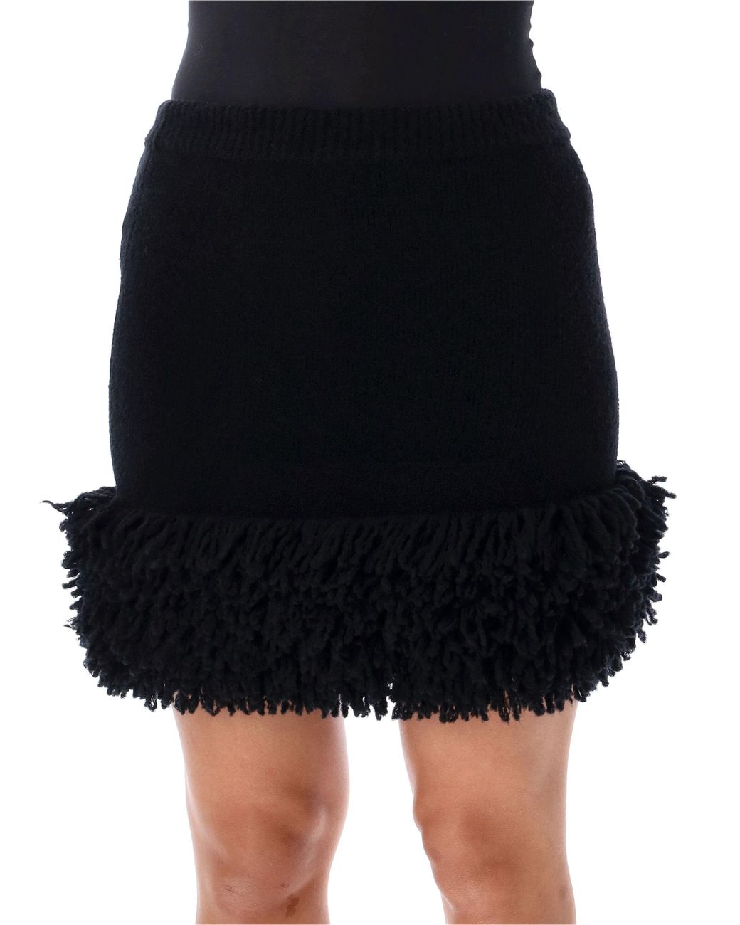 Loewe Black Mini Wool Blend Skirt With Fringe Hem