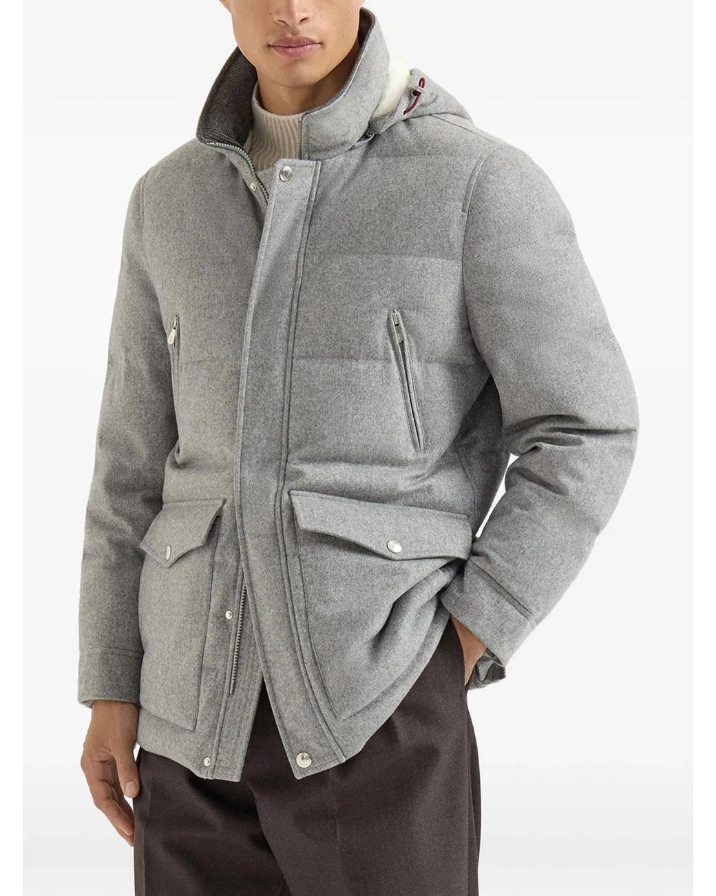 Brunello Cucinelli Gray Bonded Wool Flannel Down Parka With Detachable Hood for men