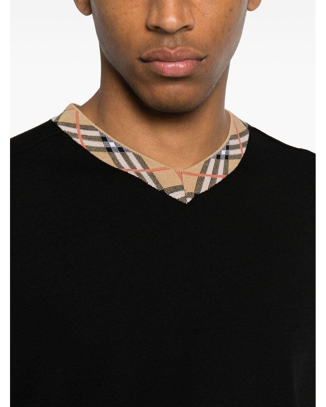 Burberry Black Check Trim Wool Sweater for men