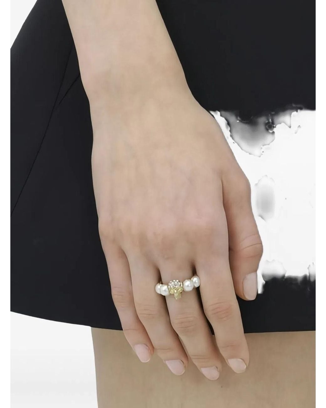 McQueen Black Skull And Pearl Ring