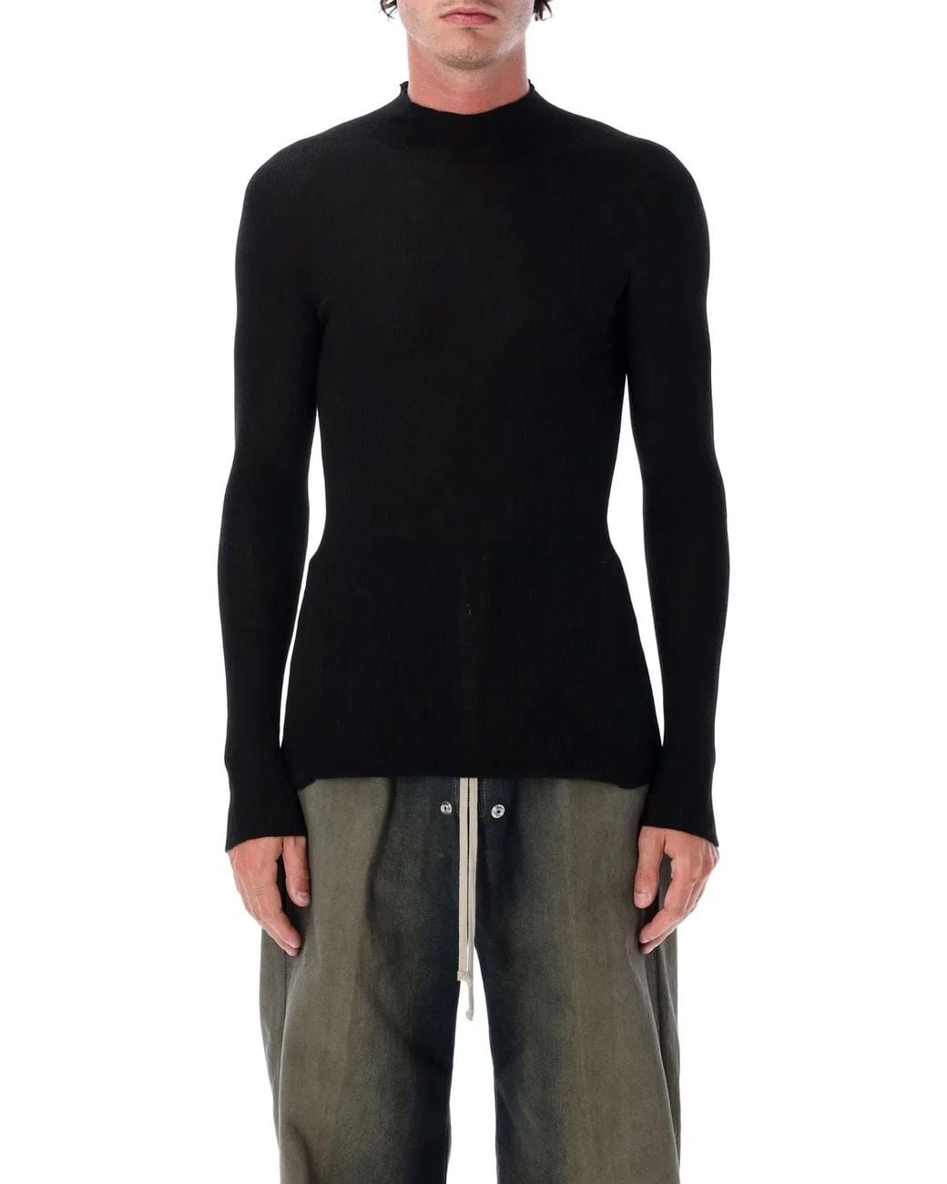 Rick Owens Blue Ribbed Lupetto Wool Turtleneck Sweater for men
