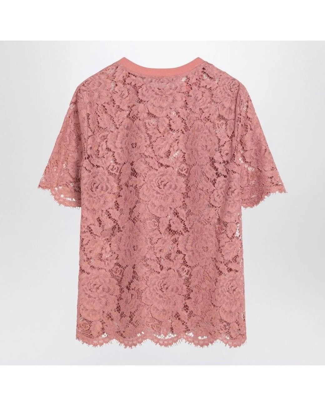 Dolce & Gabbana Pink Lace T-Shirt With Ribbed Neckline