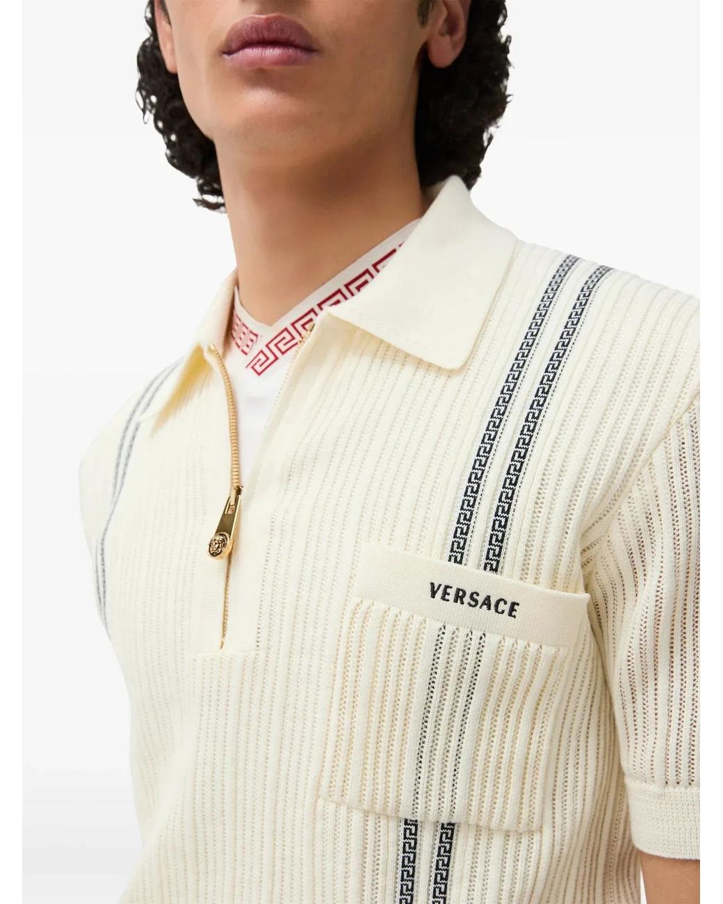 Versace White Cotton Jacquard Knit Polo Shirt With Embroidered Logo for men