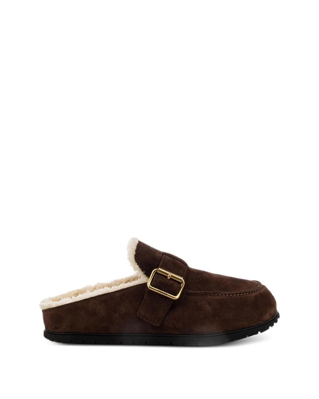 Prada Brown Buckle-Fastening Shearling-Lined Mules