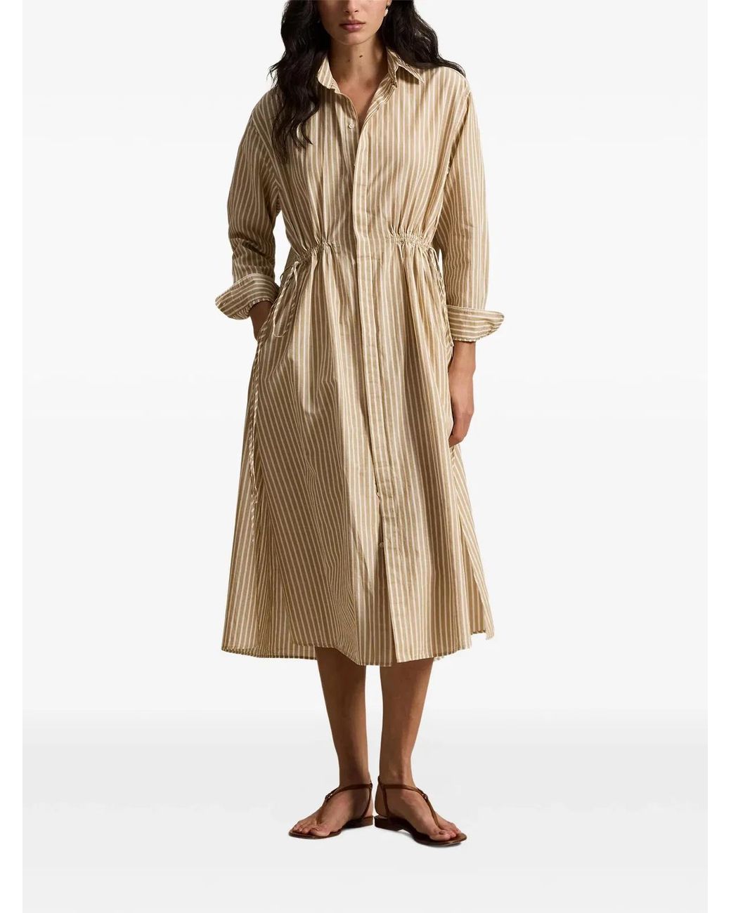 Polo Ralph Lauren Natural Striped Linen Cotton Shirt Dress With Drawstring