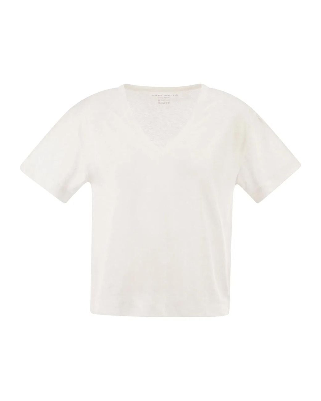 Majestic White Stretch Linen T-Shirt With V-Neck