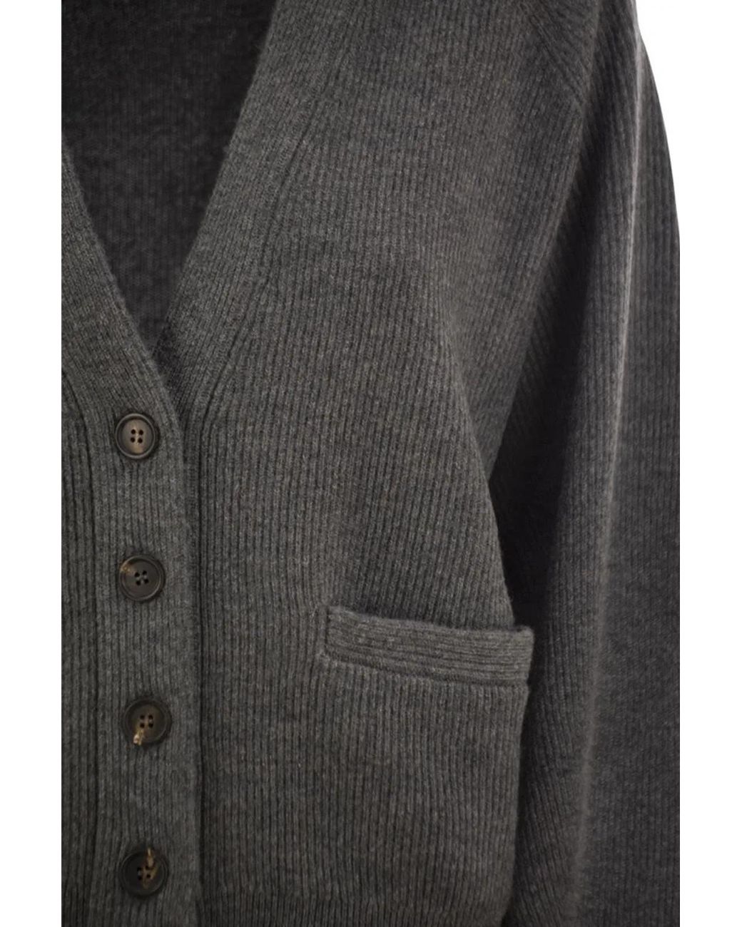 Brunello Cucinelli Black Ribbed Cashmere V-Neck Cardigan