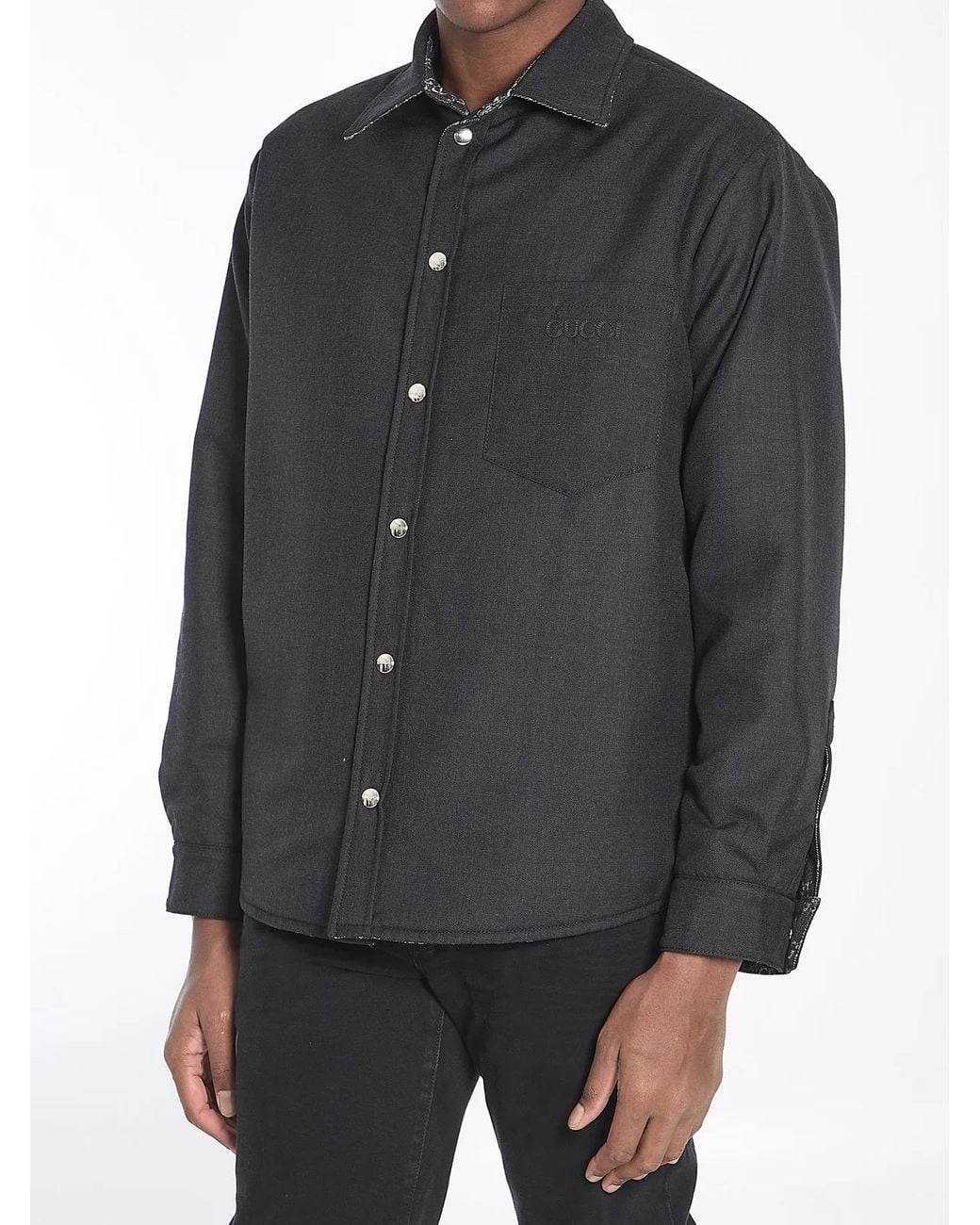 Gucci Gray Reversible Wool And Gg Denim Shirt for men