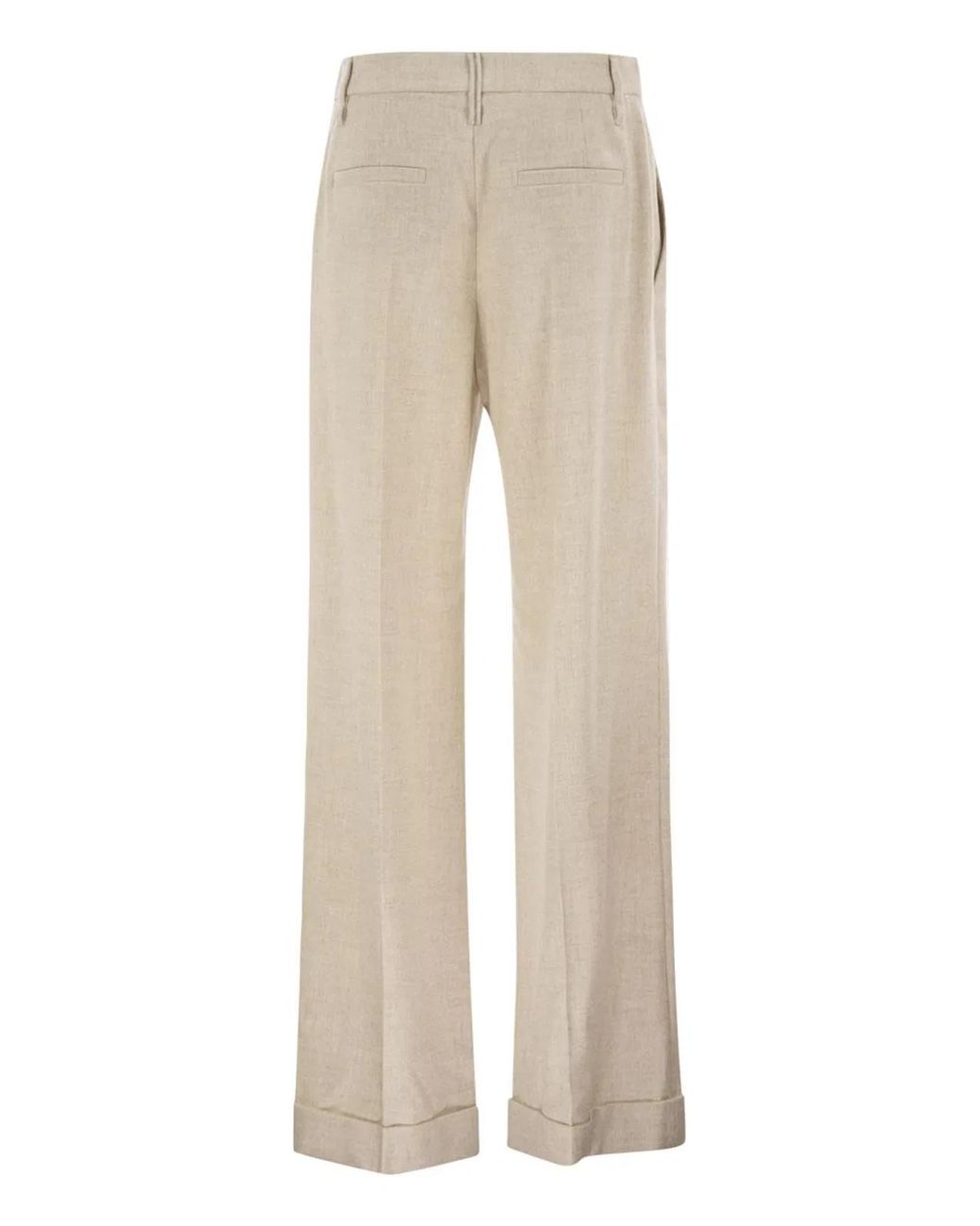 Brunello Cucinelli Natural Virgin Wool And Cashmere Tailored Trousers With Turn-Up Hem