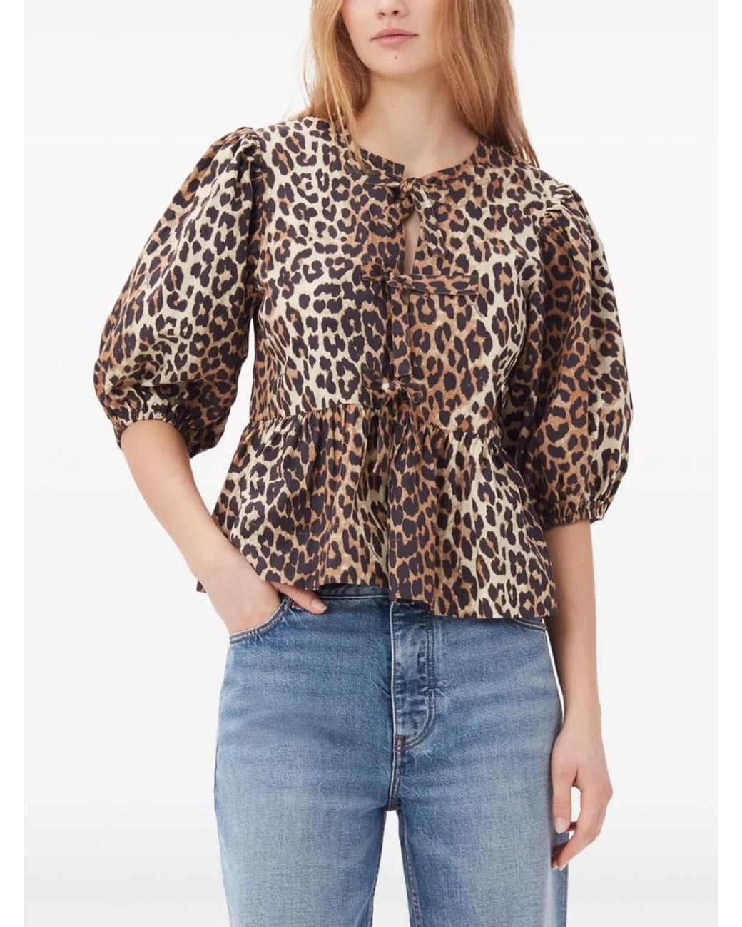 Ganni White Leopard Peplum Tie Blouse