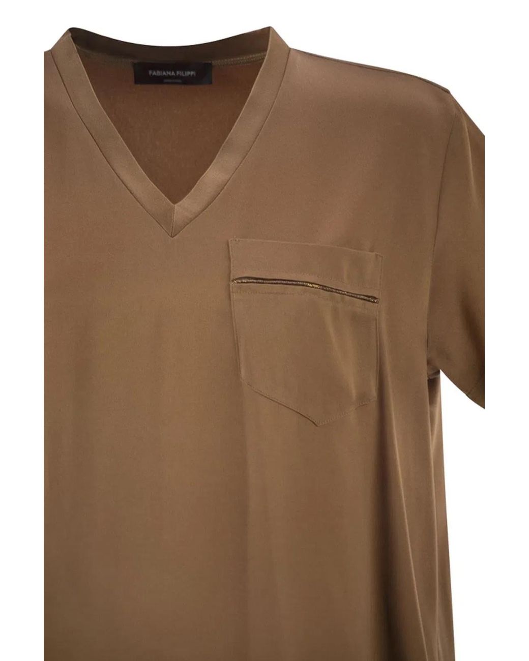 Fabiana Filippi Brown V-Neck Satin Top With Elegant Pocket
