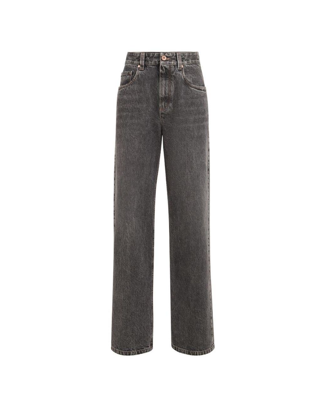 Brunello Cucinelli Gray Authentic Denim Contemporary Loose Trousers With Monili