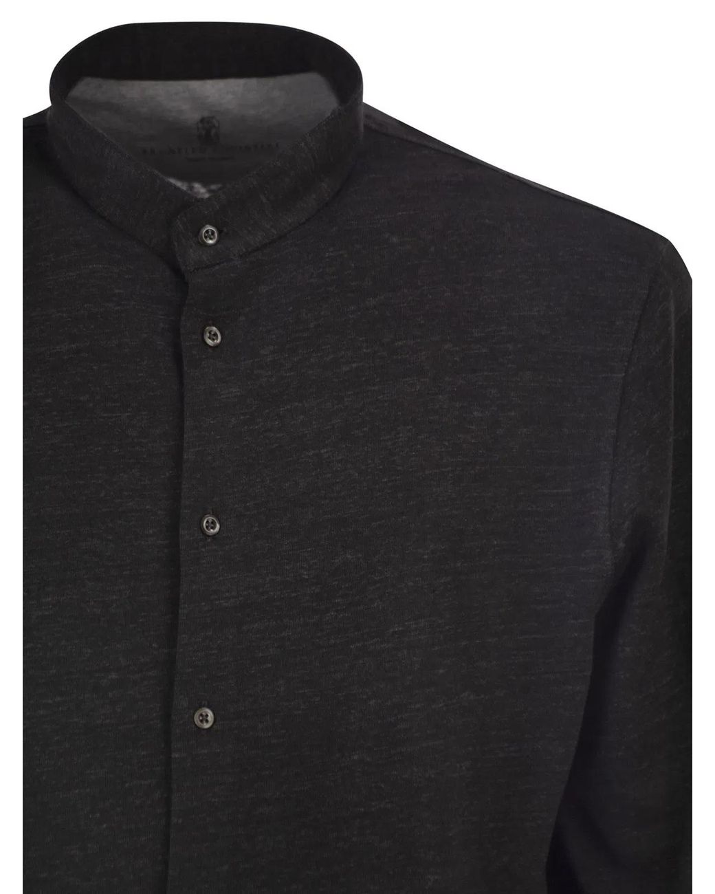 Brunello Cucinelli Black Linen And Cotton Shirt With Band Collar for men