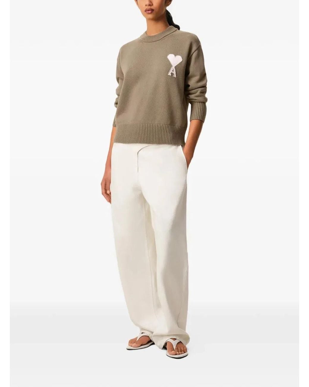 AMI Natural Taupe Ecru Wool Crewneck Sweater for men