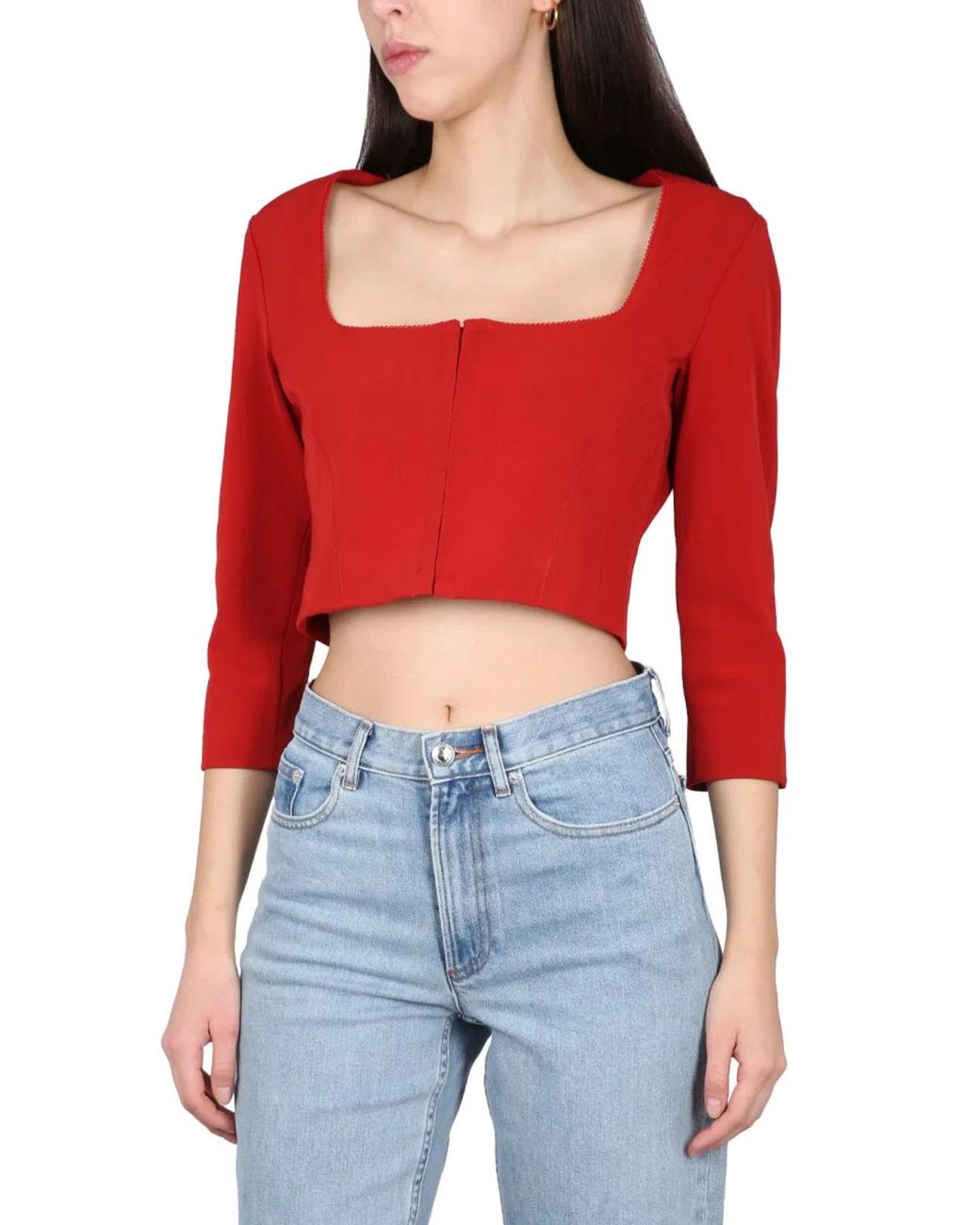 Acne Red Long Sleeve Square Neck Top