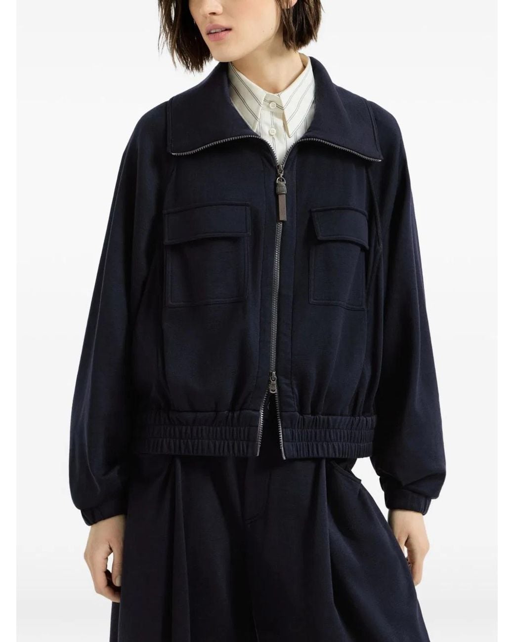 Brunello Cucinelli Blue Cotton-Silk Interlock Cardigan Featuring Patch Pockets And A Signature Monili Zipper Pull