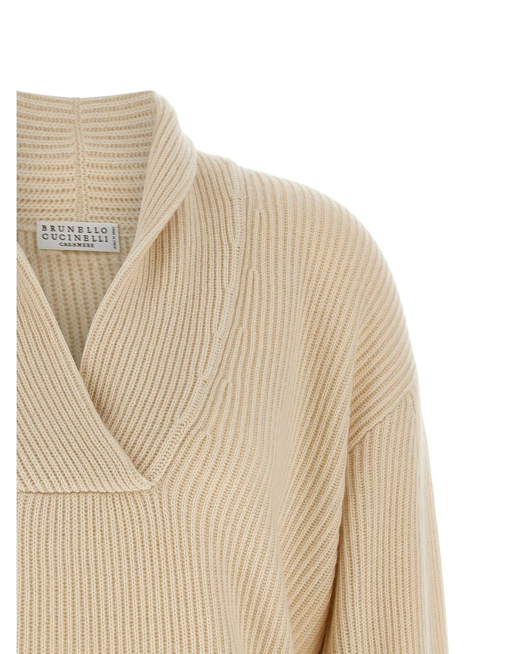 Brunello Cucinelli Natural Shawl Neck Ribbed Sweater