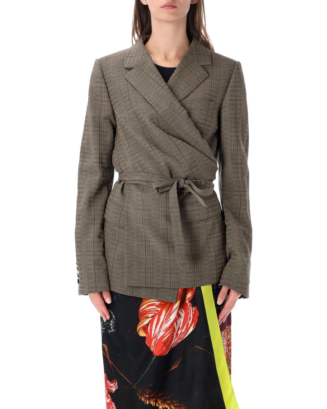 Dries Van Noten Gray Plaid Wrap Blazer Jacket