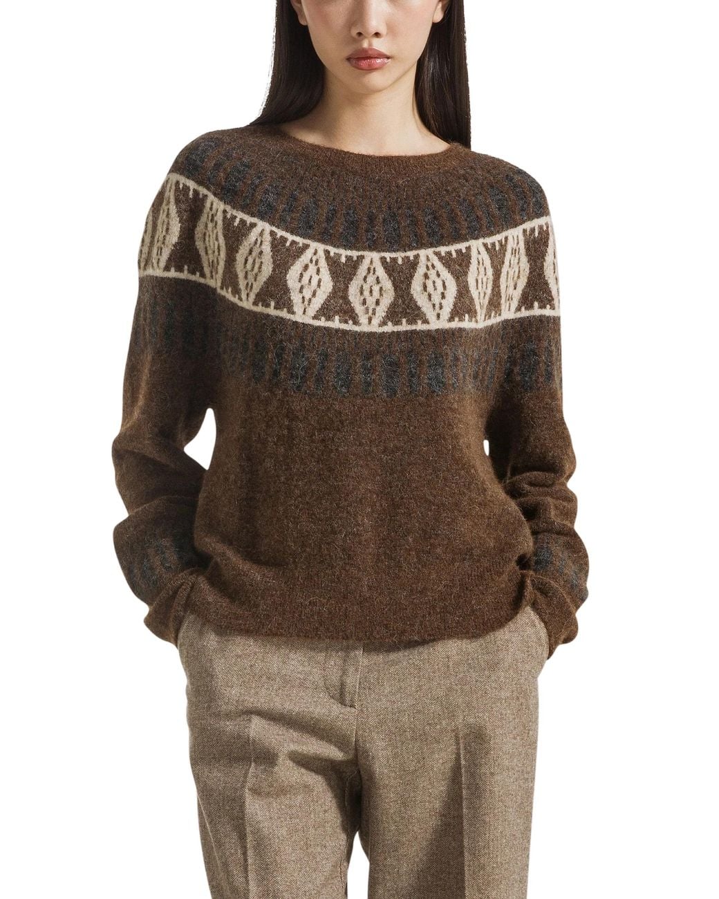SEVENTY VENEZIA Brown Jacquard Crewneck Sweater