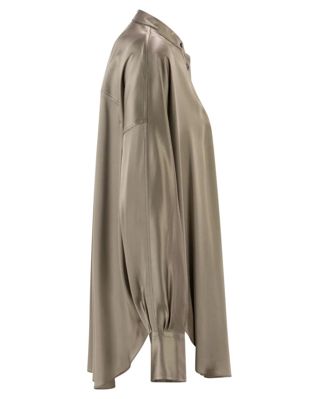 Brunello Cucinelli Natural Stretch Silk Satin Mandarin Collar Shirt With Necklace