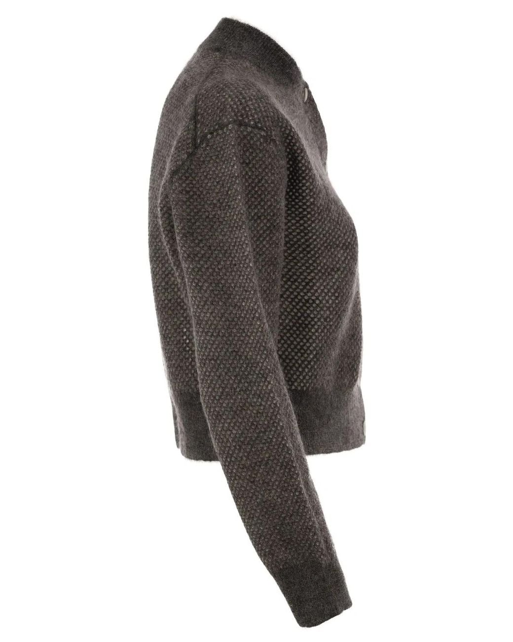 Brunello Cucinelli Gray Openwork Mohair Cardigan With Shimmering Yarn