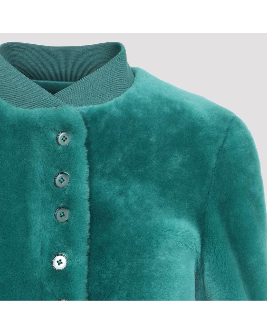 McQueen Green Lagoon Cropped Shearling Bomber Jacket