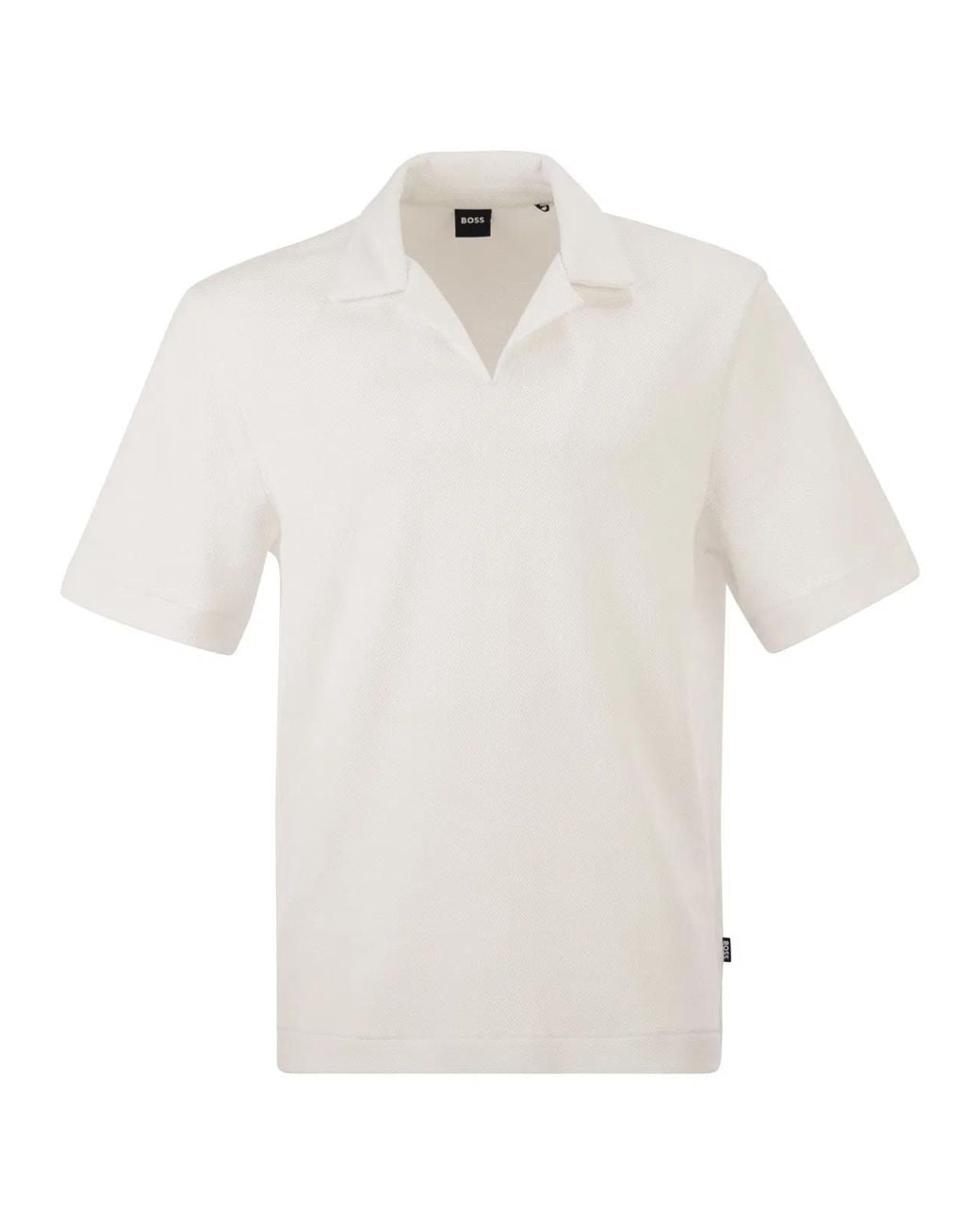 Boss White Textured Cotton Polo Shirt With Open Collar for men