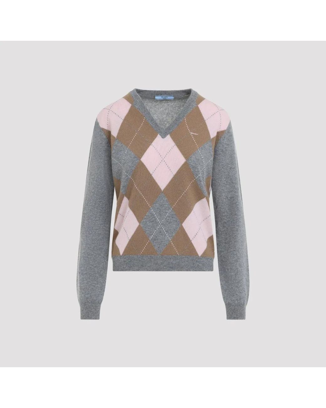 Prada Gray Grigio Cammello Argyle V-Neck Sweater
